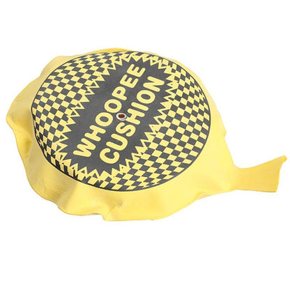 Yellow whoopee cushion gag toy with checkered speech-bubble logo and text.