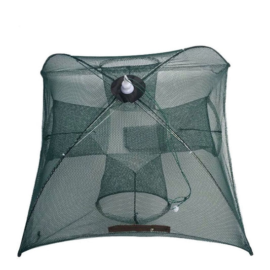 Dark green foldable nylon fishing net trap with four entry holes and central funnel