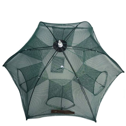 Folding dark green nylon fishing net trap with 6 entry holes and round frame