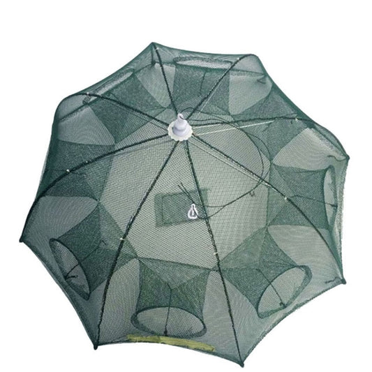 Foldable green nylon fishing net trap with 8-hole cube frame and central white connector