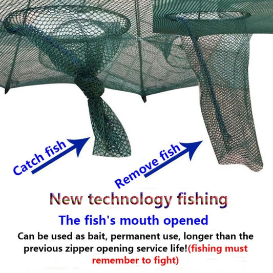Close-up of green mesh walls on a circular fishing net trap with rim and entry opening