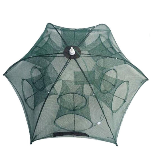Dark green foldable mesh fishing net trap with central hub and mesh sides