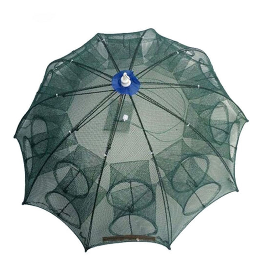 Foldable nylon fish trap net with 20-hole green mesh umbrella and blue hub