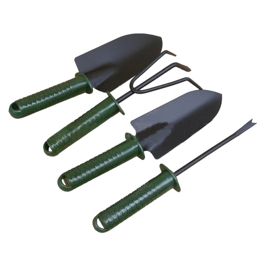 Close-up garden tool set: green-handled spades with dark blades and curved fork tines