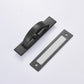 Black rotating flip cover latch with rectangular base plate and two mounting holes