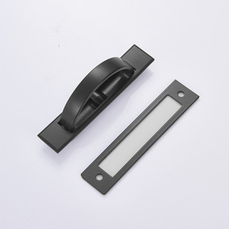 Black rotating flip cover latch with rectangular base plate and two mounting holes