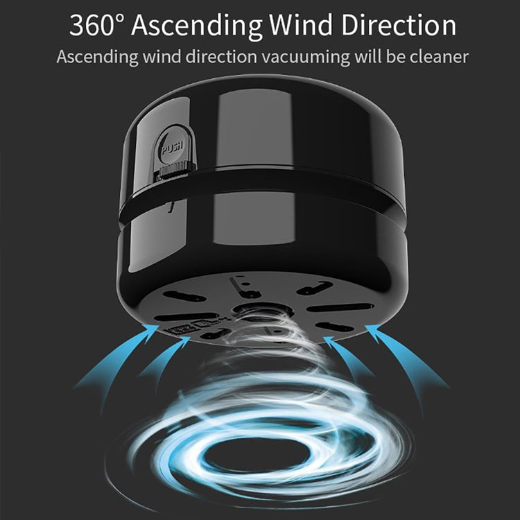 Mini desktop vacuum cleaner with circular top and airflow suction illustration