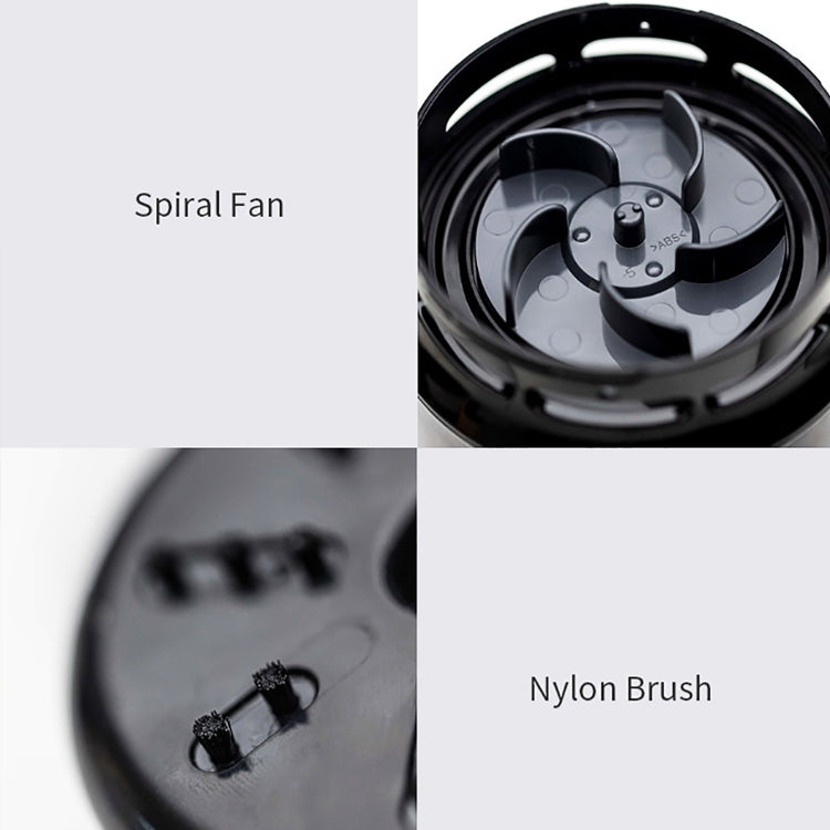 Open black cleaner base showing spiral fan and nylon brush attachments