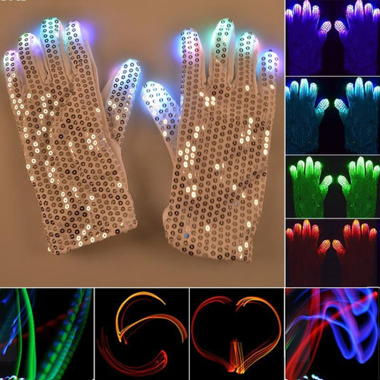 Gold sequin LED gloves with blue/purple glowing fingertips, pair