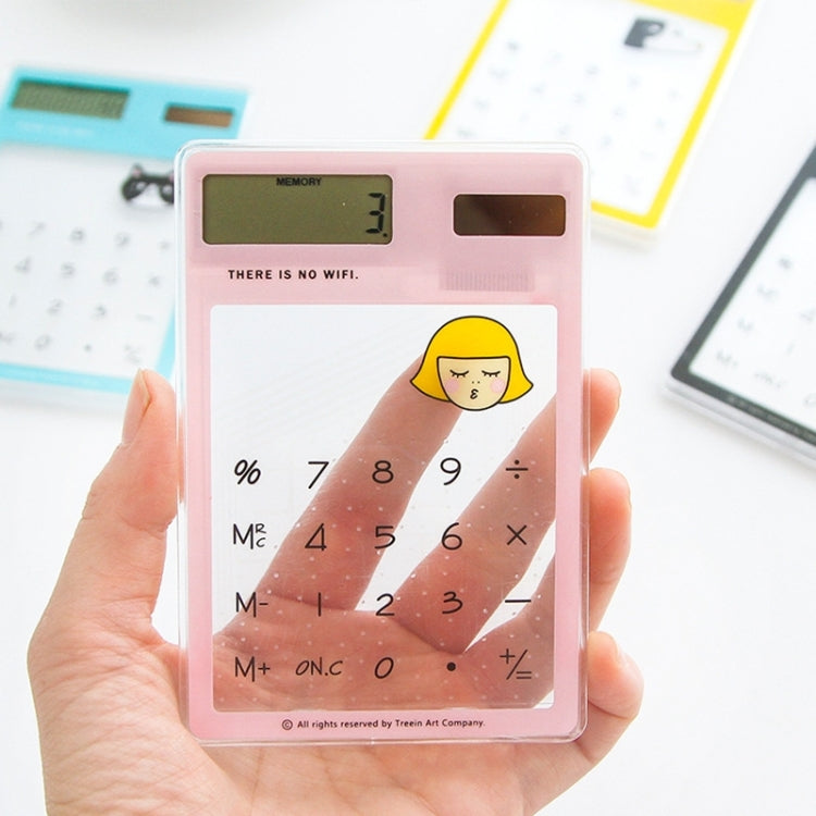 Pink 8-digit LED calculator with transparent touchpad and solar panel, shown in hand.