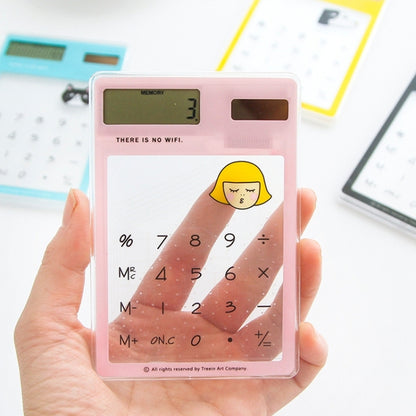 Pink 8-digit LED calculator with transparent touchpad and solar panel, shown in hand.
