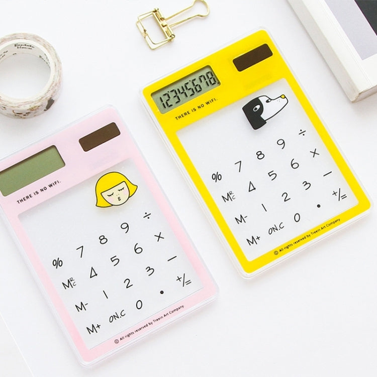 Assorted color 8-digit LED calculators with transparent touchpads and solar panels.