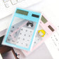 Blue 8-digit LED calculator with transparent touchpad and solar panel, front view.