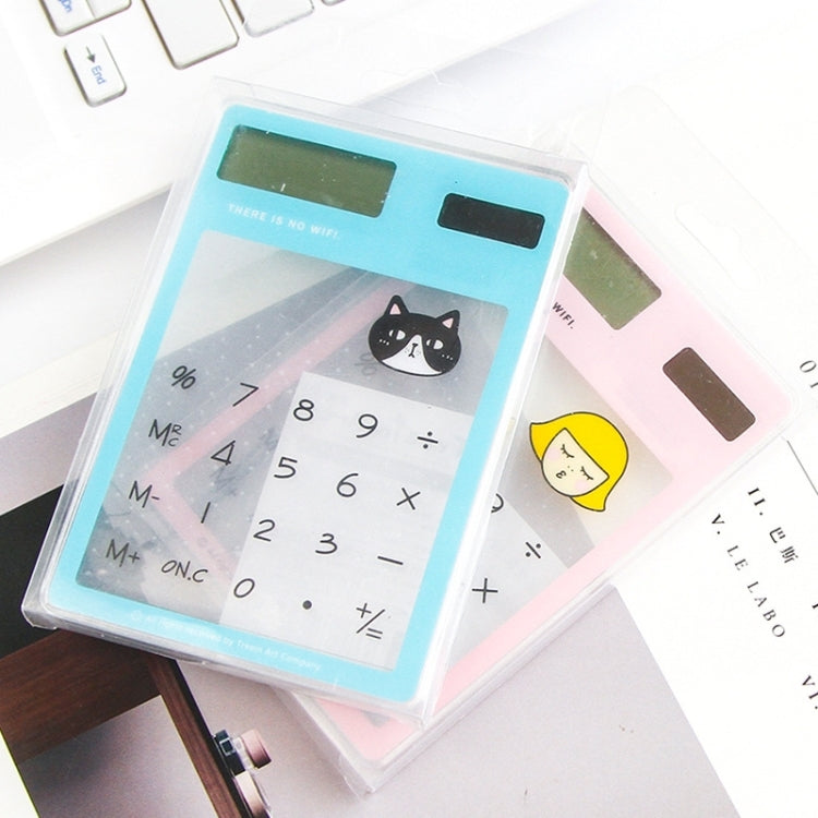 Blue 8-digit LED calculator with transparent touchpad and solar panel, front view.
