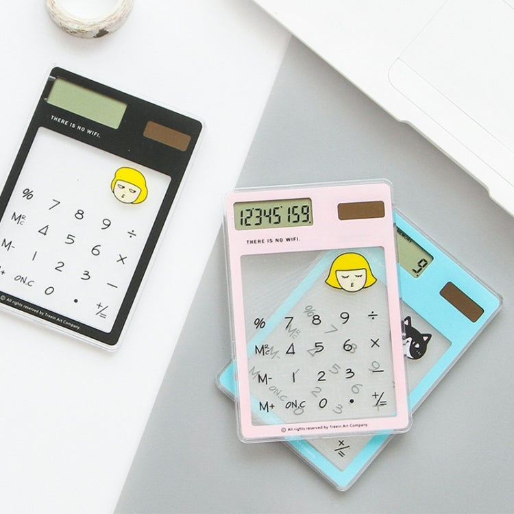 Set of 8-digit LED calculators with transparent touchpads and solar panels in different colors.