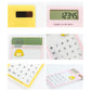 Close-up collage of 8-digit LED calculator screens and button area, various colors.