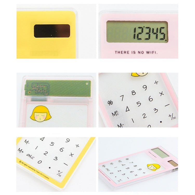 Close-up collage of 8-digit LED calculator screens and button area, various colors.