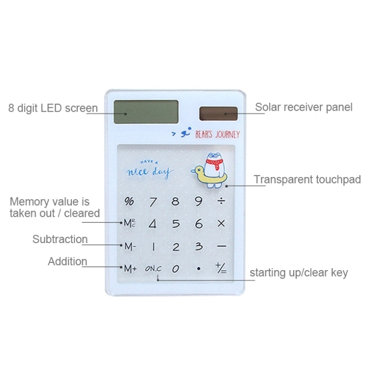 8-digit LED calculator with solar receiver panel, transparent touchpad, and labeled keys.