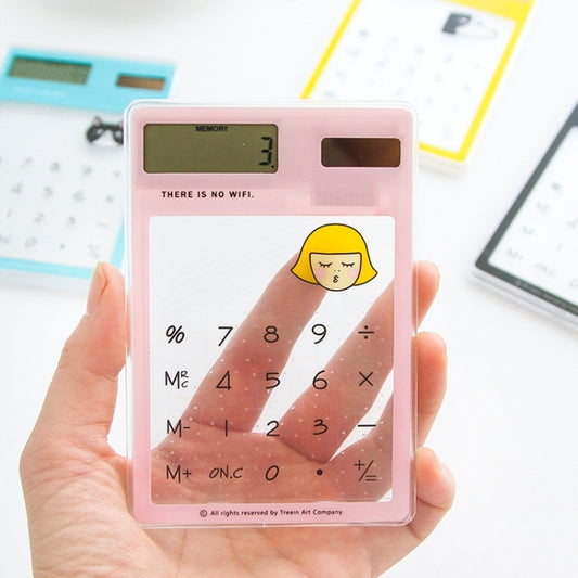 Pink 8-digit LED calculator with transparent touchpad and solar panel, shown in hand.