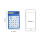 Blue 8-digit LED calculator size diagram with transparent touchpad view.