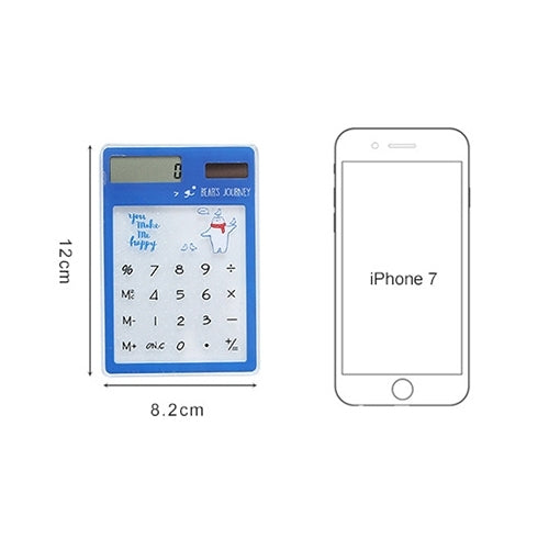 Blue 8-digit LED calculator size diagram with transparent touchpad view.