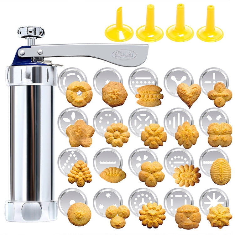 Aluminum cookie press gun with silver body, yellow nozzles, and assorted cookie discs