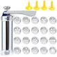 Cookie press machine with silver cylinder and multiple round metal cookie discs