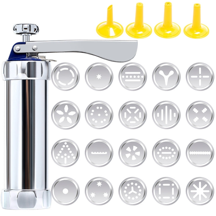 Cookie press machine with silver cylinder and multiple round metal cookie discs