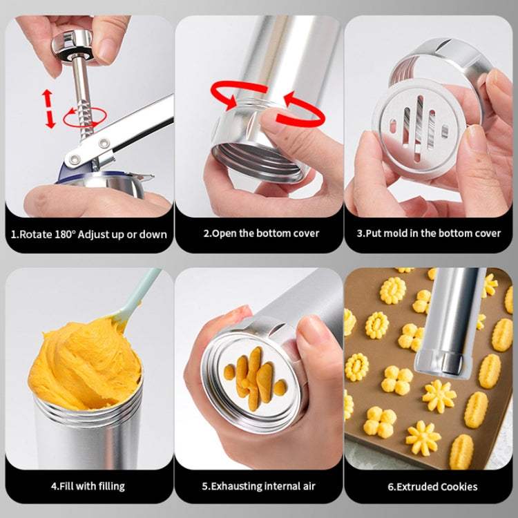 Cookie press with hands loading and inserting a metal disc into the bottom cover