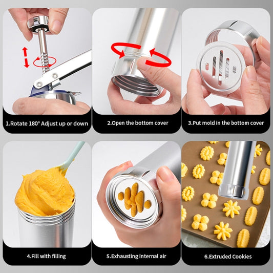 Cookie press with hands loading and inserting a metal disc into the bottom cover