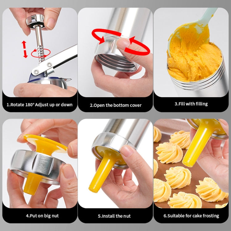 Cookie press with hands rotating and opening bottom cover, plus filling inside