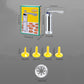 Cookie press with yellow nozzles and a round metal cookie disc, shown with size guide