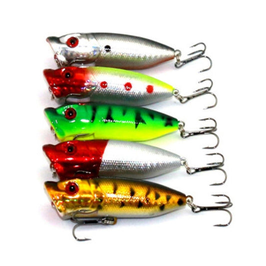 Artificial popper fishing lures set, treble hooks, assorted red green silver bodies