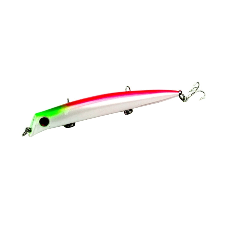 Popper fishing lure with white, red, and green body; treble hooks