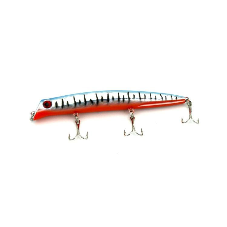 Popper fishing lure, orange with blue stripe and black scales; treble hooks