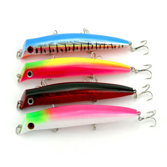 Set of 4 popper fishing lures with treble hooks, multicolor bodies