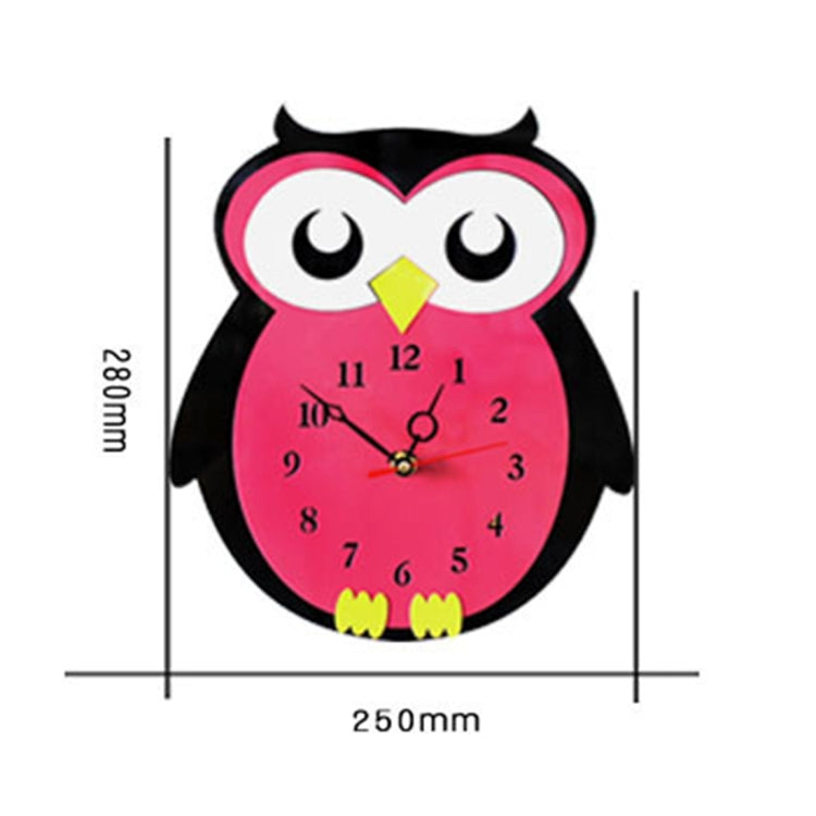 Owl-shaped wall clock, pink and black with yellow beak; shows overall size dimensions