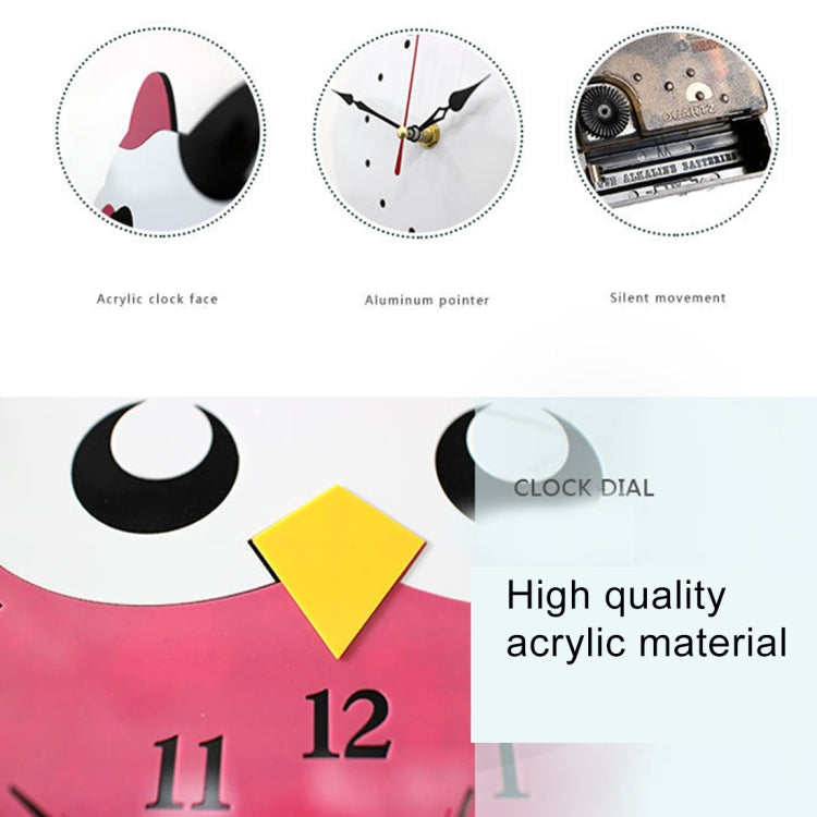 Owl wall clock dial close-up with black hands, moon eyes details, and yellow beak marker