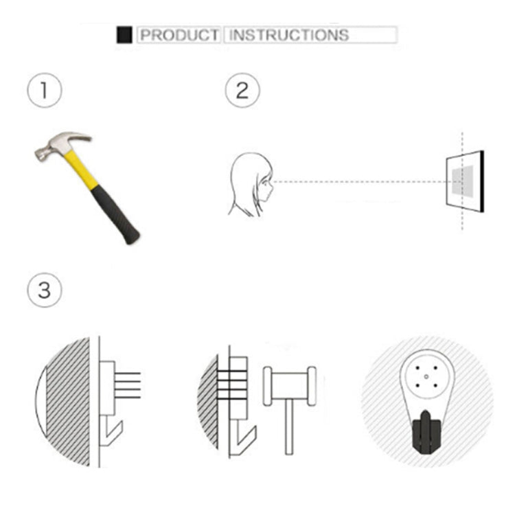 Wall clock product-instructions diagram showing steps and mounting tool illustrations