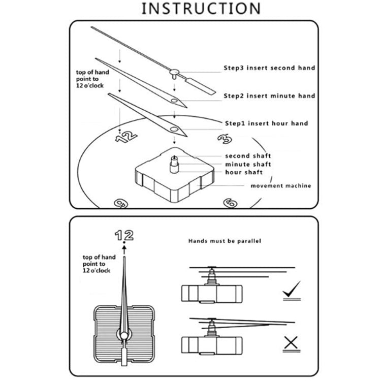 Clock assembly instruction diagram showing hand placement and shaft connections