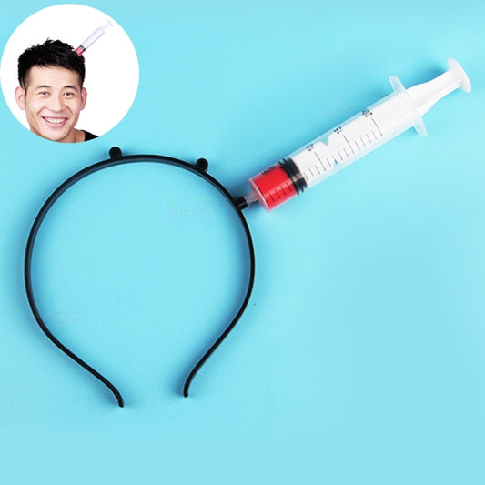 Black headband hoop with small spikes and syringe-style needle prop for Halloween