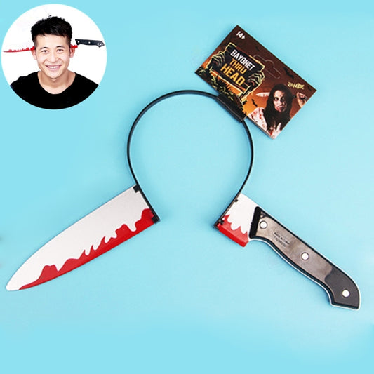 Dagger hair hoop head prop with black headband and white/red faux dagger