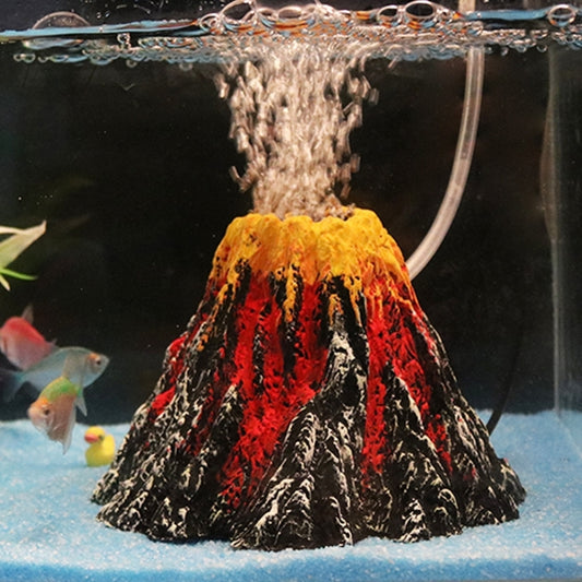 Volcano-shaped aquarium decoration with red lava core and black-and-white rocky sides