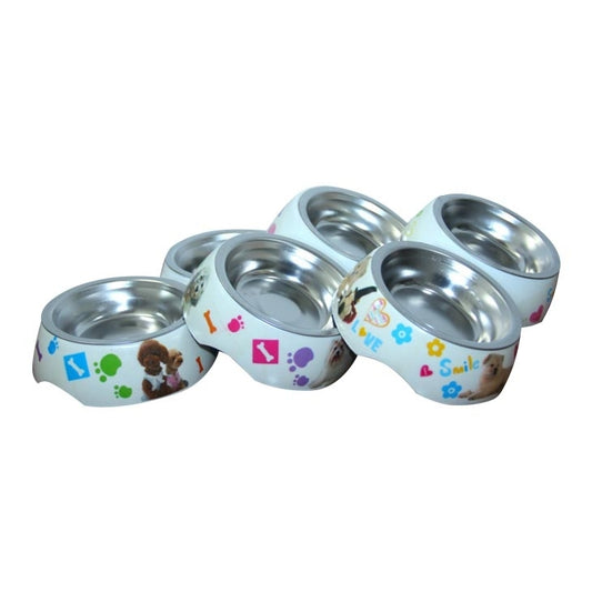 Detachable stainless pet feeding bowl set with cartoon cat and dog graphics, multiple bowls
