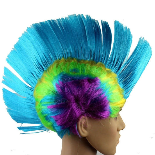 Teal mohawk wig with lime green and purple flower hair tuft, side view.