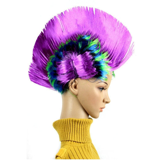 Purple and teal mohawk wig with multicolor flower hair tuft, front comb style.