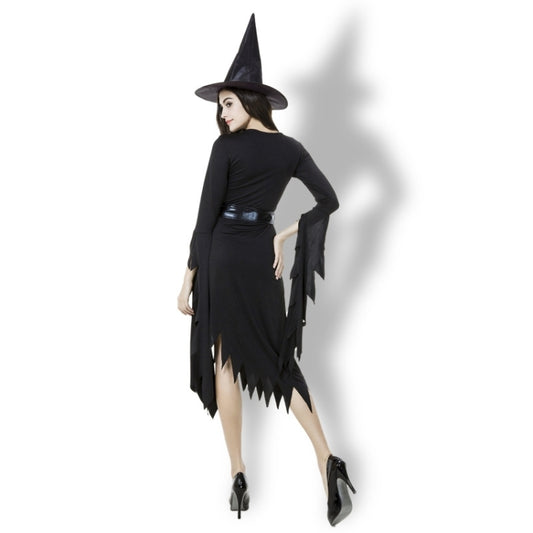 Black witch costume dress, side view, with uneven jagged skirt hem and slit