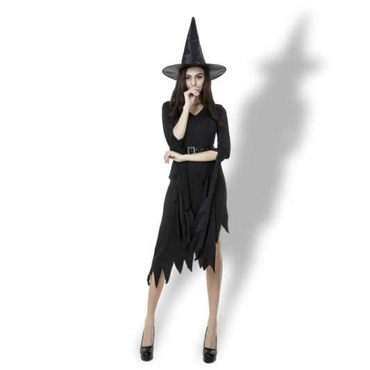 Black witch costume dress with fitted bodice and long jagged-hem skirt