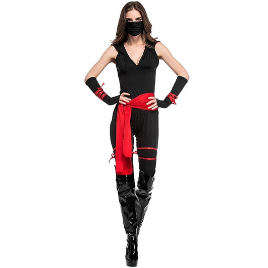 Women’s black pirate warrior costume with red sash at waist, sleeveless tunic, boots