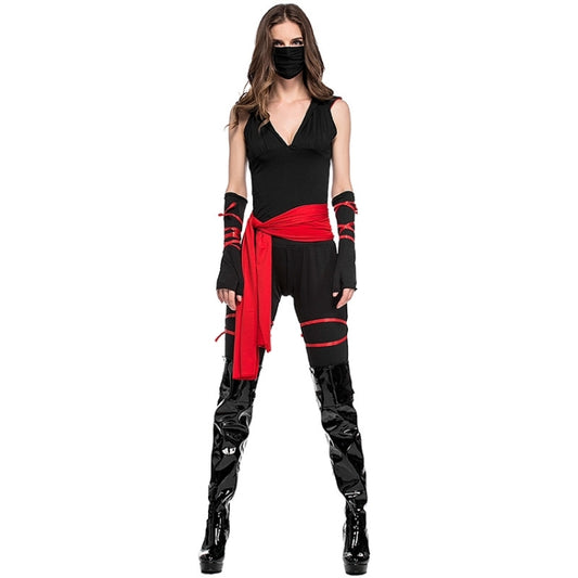 Women’s black pirate warrior cosplay costume with red sash, sleeveless top, leggings